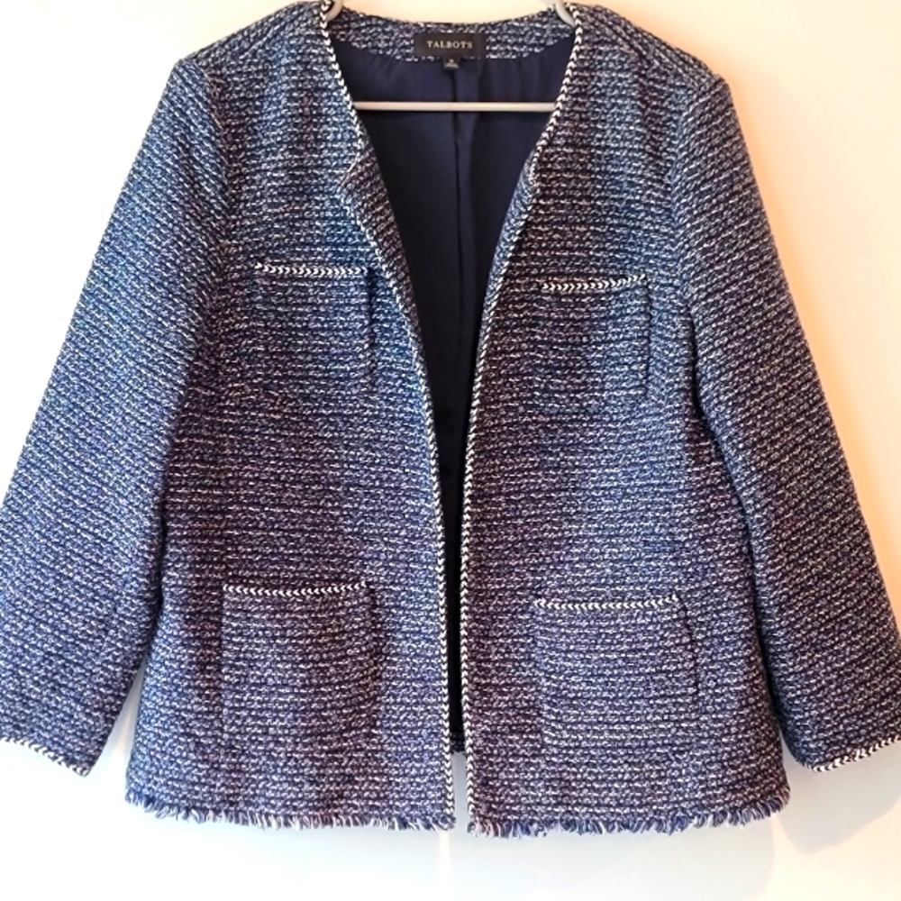 Talbots Airy tweed woven Jacket Blue Women size 16 cotton blend